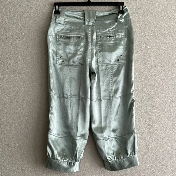 NEW Free People Ryder Pants L Metallic Silver Satin Moto Crop Vegan Shiny Green - Image 13
