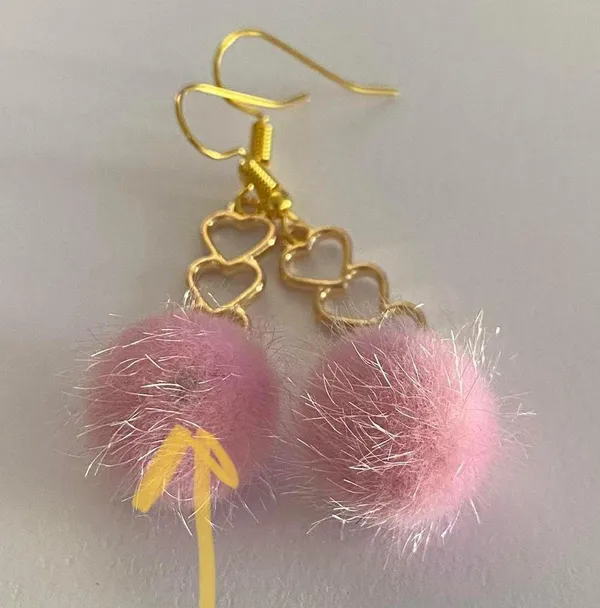 Handmade Earrings Heart Pink Pompom Dangle Kawaii y2k - Image 2