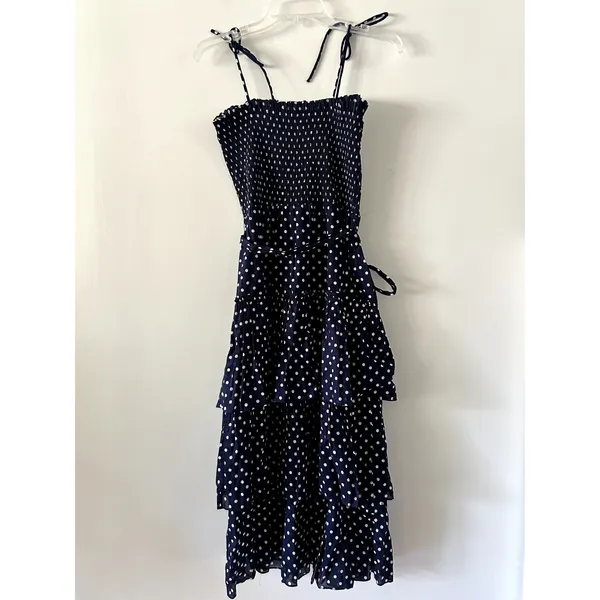 Tory Burch Printed Ruffle Dress Polka Dot Smocked Midi Navy White NWT Size M - Image 5