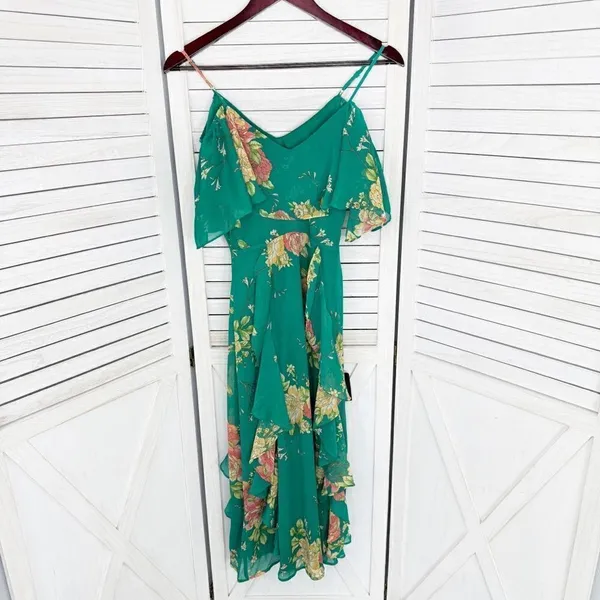 Lulus Romantic Love Floral Chiffon Ruffle Cold Shoulder Midi‎ Dress Green XS - Image 10