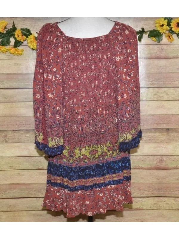 Angie Dress Womens Size L Floral Boho Puff Bell Sleeve Midi Smocked Lace - Image 8