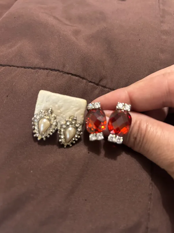 Vintage Glam Costume Earring Bundle | Faux Pearl Rhinestone + Red Statement Studs - Image 2