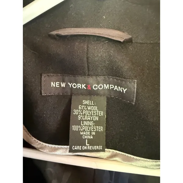 New York & Company Black Wool Blend Double Breasted Pea Coat Womens‎ Large - Image 3