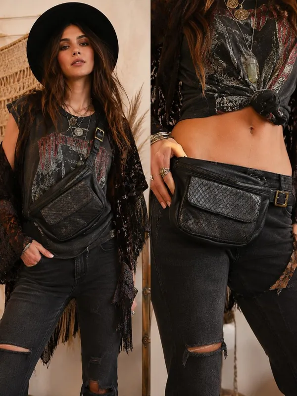 Free People Black Leather Convertible Belt Bag Woven Leather Waist Crossbody - Image 2