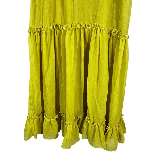 RAGA Tiered Metallic Clip Dot Maxi Dress Chartreuse Boho Ruffle Size L - Image 3