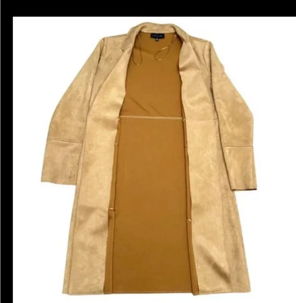 Premise Studio Faux Suede Leather Longline Jacket Trench Coat Camel Tan Size M ECU - Image 2