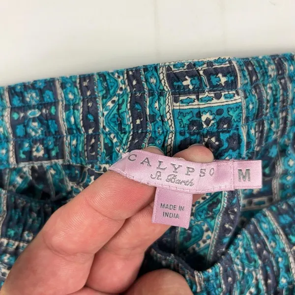 Calypso St. Barth Pants Womens Medium Blue Silk Crepe Jogger Beaded Tassel Print - Image 2