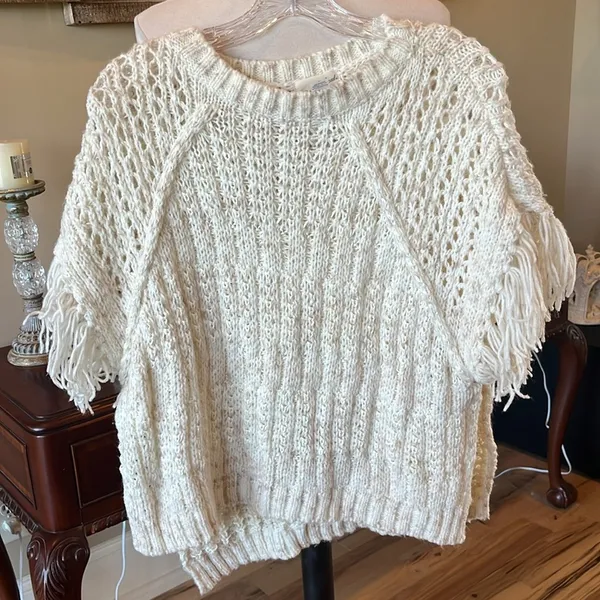 Crochet Sweater Beige Fringe One Size XS S M L - Image 9