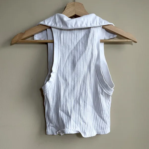 Zara collared‎ sleeveless cropped summer tennis top white ribbed women's M FLAW - Image 6