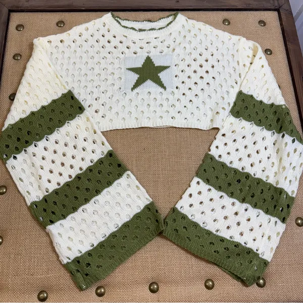 Star Crochet Knit Cropped Sweater Women Small Cream Green Long Sleeve Boho - Image 3