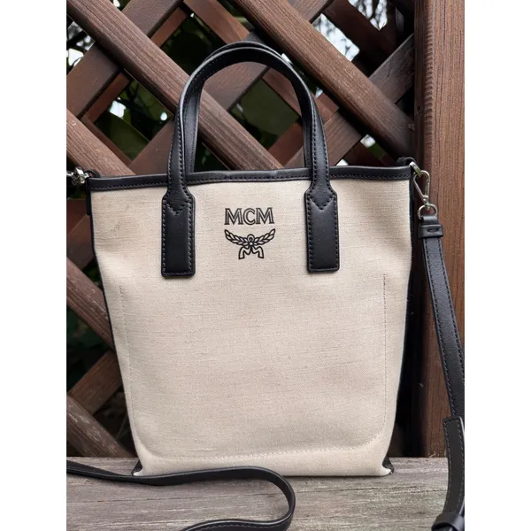 MCM Glitch Logo Mini Shopper Tasche Tote Bag Canvas Crossbody Black Beige - Image 4