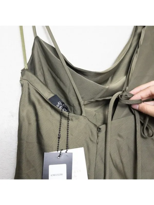 NWT ABS Allen Schwartz Everly Satin Drape Dress 2 Olive Green Slit One Shoulder - Image 11