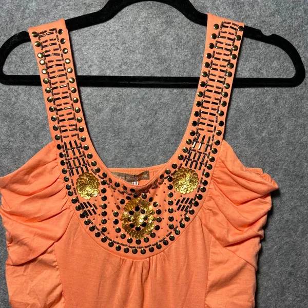 Free Culture Orange Studded Sequin Ruched Tank‎ Top Smocked Hem NWT Womens Small - Image 8