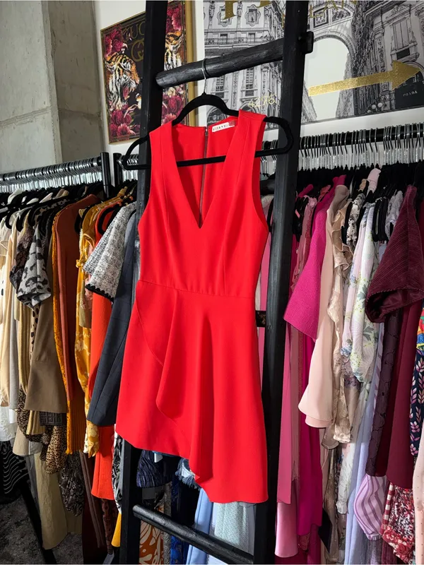 Alice + Olivia Callie Asymmetrical Drape Dress Cherry Red Sleeveless Mini 0 EUC - Image 4