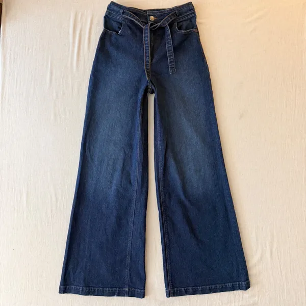 Express Wide Leg Super High Rise Belted Jeans 4R Dark Wash 70s Retro - Image 3