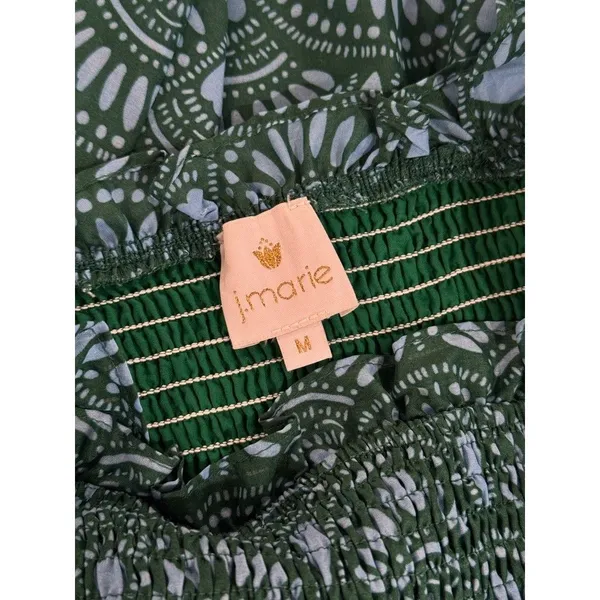 J Marie Midi Dress Green Floral Square Neck Ruffle Smocked Tiered A Line Medium - Image 3