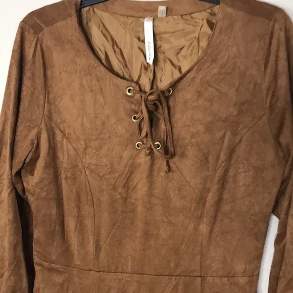 NY‎ collection baby doll dress brown suede long sleeve dress size medium - Image 5