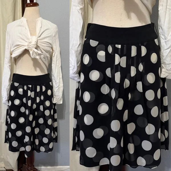 Ann Taylor 100% Silk Midi Skirt Size 2 Black White Polka Dot Pleated‎ A-Line Mod - Image 2