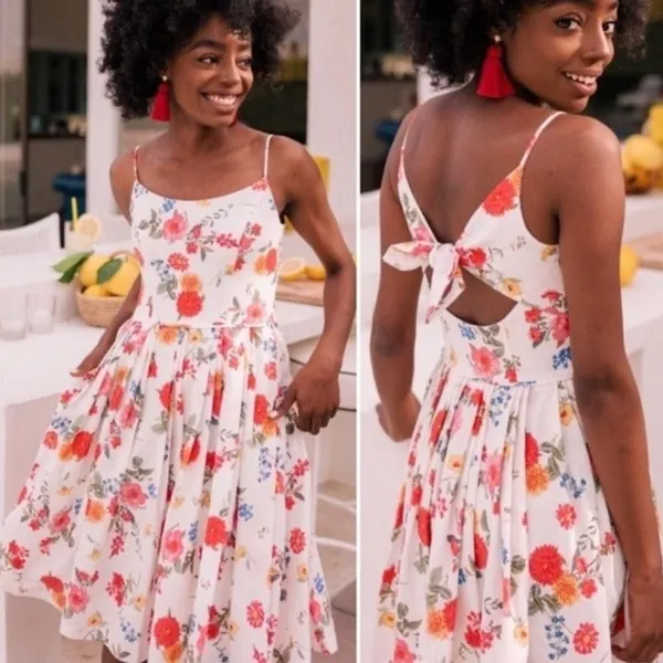 Gal Meets Glam Cassie Floral Linen Bow Back Tie Swing Dress Summer Sundress 2 - Image 2