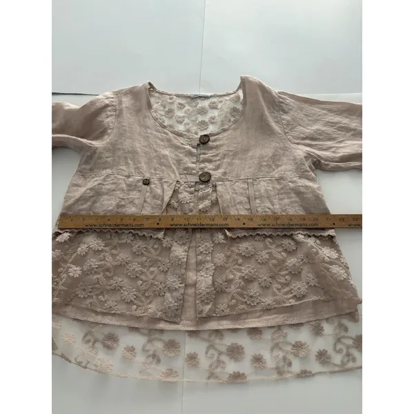 Linen Blouse Jacket Womens XL Blush Pink Lace Detail Boho Fairy Whimsy Coquette - Image 11