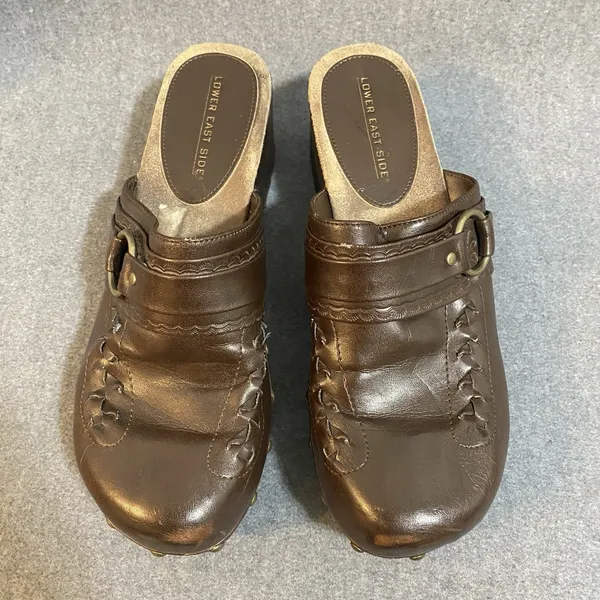 Lower East Side‎ 9.5 Vintage 90s Y2K brown Leather Slip On Chunky Platform Mules - Image 3
