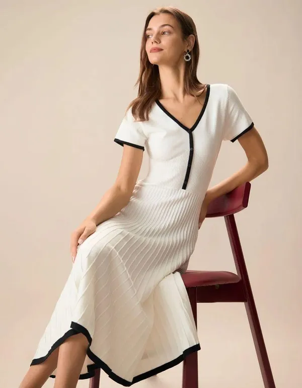 Rihoas Women's White Contrasting Sweater Midi Dress - Image 2