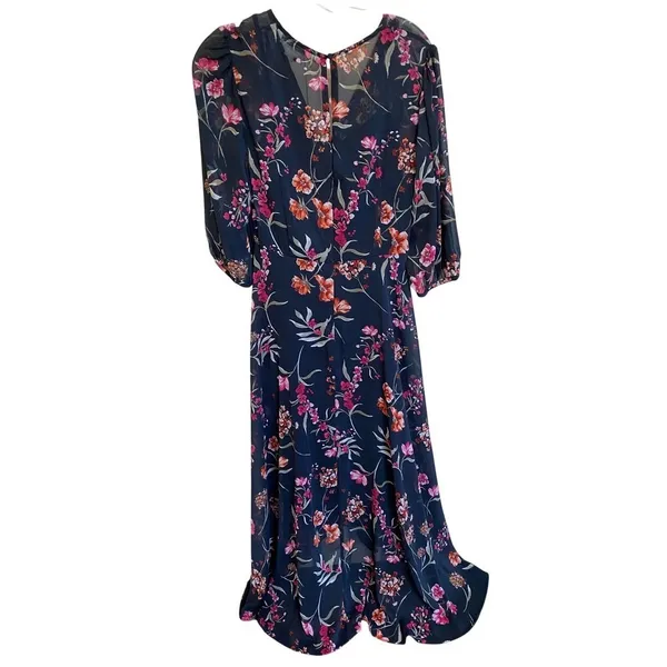 Calvin Klein Navy Blue Floral Chiffon High Low‎ Maxi Dress 4 NWT Wedding Guest - Image 4