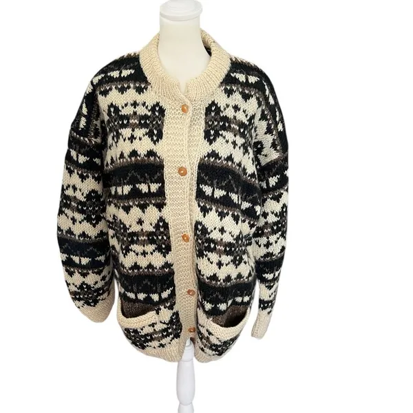 Vintage Nepal 100% Wool Fair Isle Hand Knit Cardigan Sweater L - Image 2