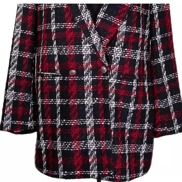 ZARA Overside Plaid Front Double Breasted Tweed Blazer Button Lined M Black Red - Image 6