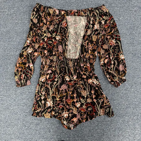 Free People Pretty and Free Black Floral Print Off the Shoulder Romper - Image 6
