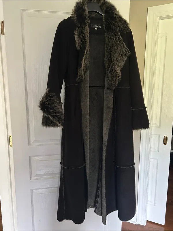 Vintage Platinum utex Black Faux-Fur Trim Long Trench Warm Coat Sz L - Image 2