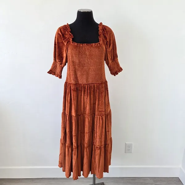 Burnt Orange Copper Velvet Maxi Dress Tiered Smocked Holiday Party Christmas M - Image 2