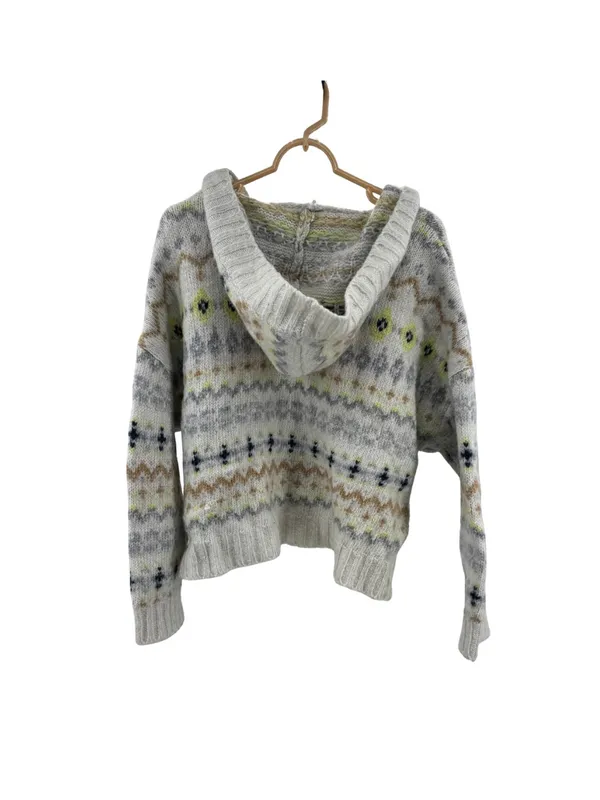 American Eagle Cozy Cream Fair Isle V-Neck hooded Sweater wool blend XL winter - Image 3