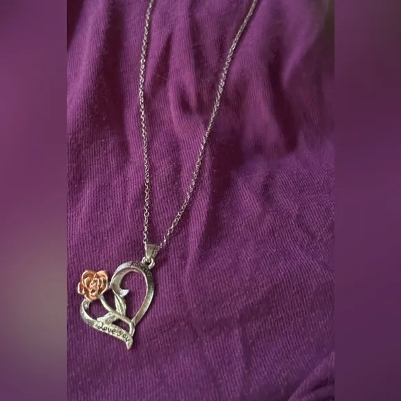 Sterling Silver Heart Necklace with Rose Gold Rose Accent 🌟 - Image 2
