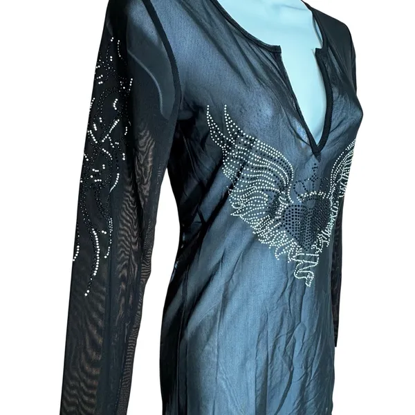Sheer Long Sleeve Rhinestone Heart Angel Wings Y2K‎ Small Biker Fairy Goth - Image 3