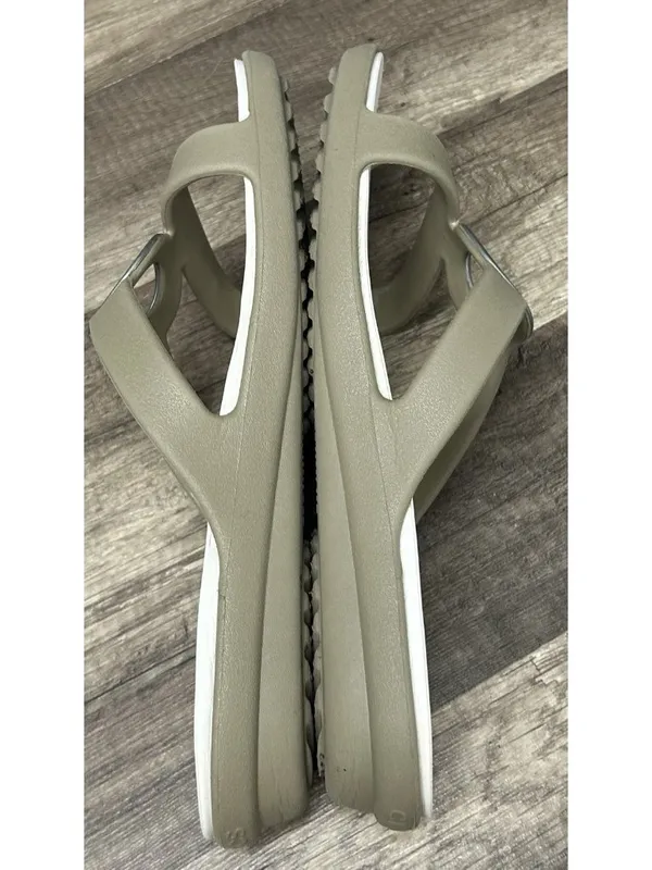 Crocs Sanrah Sandals Women Size 9 Beveled Circle Wedge Khaki Oyster Slip On Shoe - Image 5