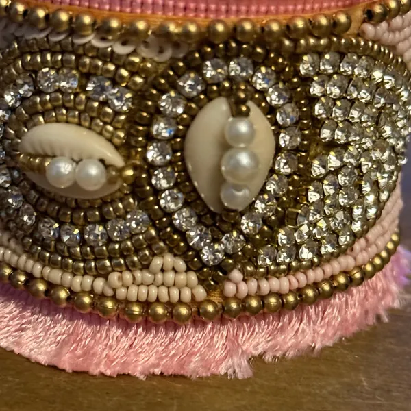 Handmade wide beaded cuff bracelet w/rhinestones and pink fringe - Image 2