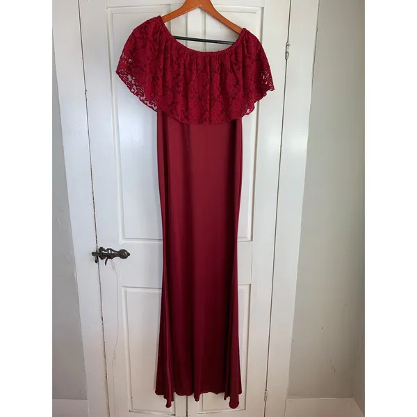 Burgundy Lace Off-Shoulder Maxi‎ Dress Romantic Vampire Whimsigoth Soft Goth M - Image 4