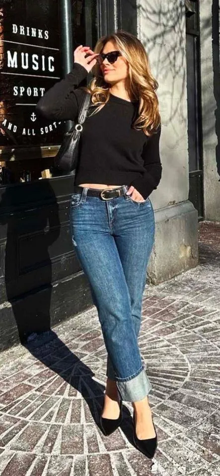 Rewash High Rise Cuffed Straight Ankle Jeans -Vintage Blue Black - Image 6