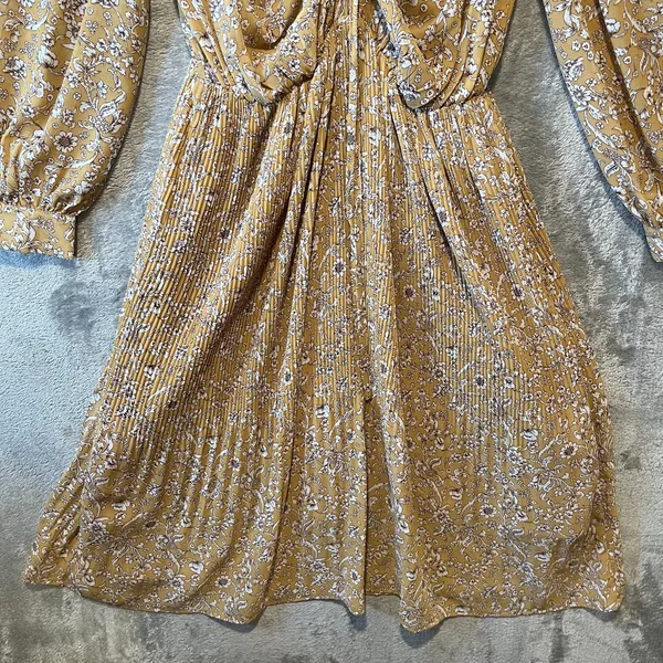 Floral Midi Dress Yellow Ruched Front Pleated Skirt Cottagecore Indie Feminine M - Image 3