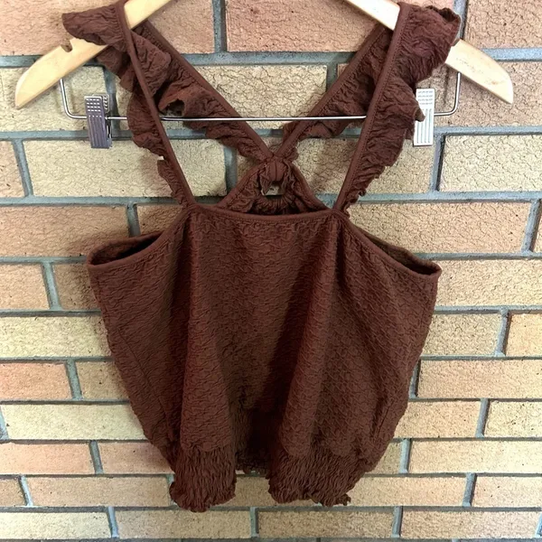 Anthropologie Marisol Ruffled Halter Top‎ Textured Brown Medium Summer Stretchy - Image 4