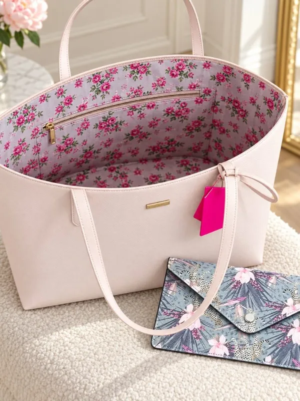 Betsey Johnson Very Light Pink Tote Bag Gray Floral Pouch NWT - Image 3