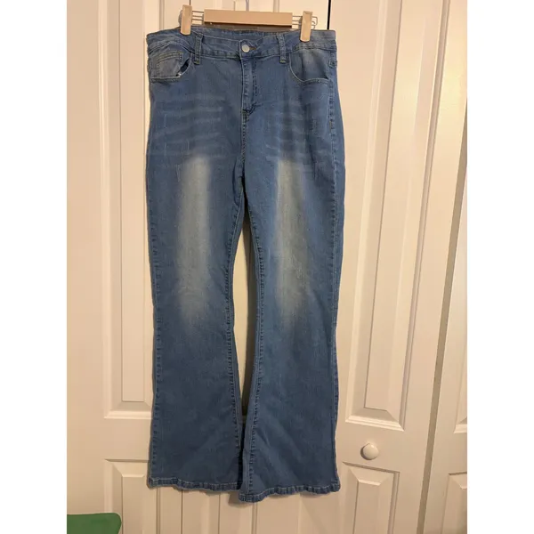 Womens Light Wash Flared Jeans Bell Bottom‎ Denim Casual Pants Size XL - Image 2