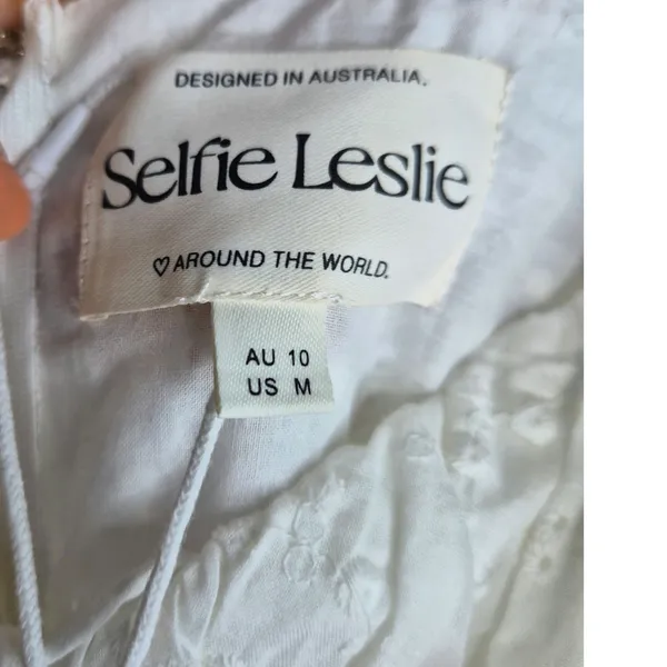 NWT Selfie Leslie Hayden White Eyelet Cotton Milkmaid Puff Sleeve Mini Dress M - Image 6
