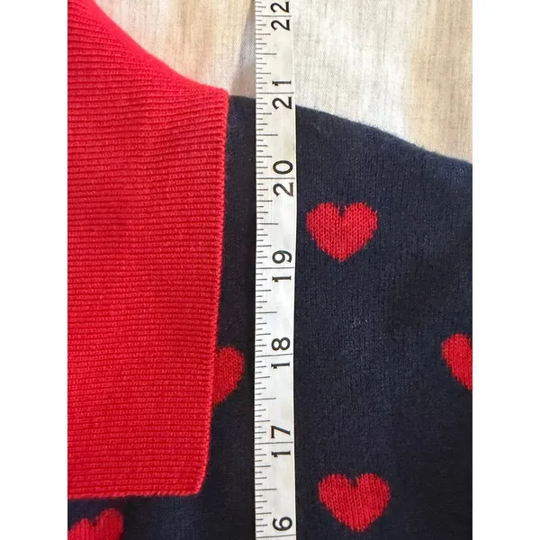 Zara Heart Print Cardigan Sweater Women M Navy Blue Red Polo Polka Dots JACQUARD - Image 7