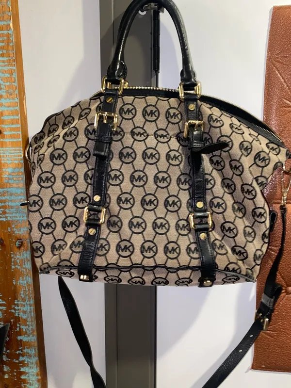 Michael Kors Black and Beige MK Monogram Satchel with Crossbody Strap - Image 8