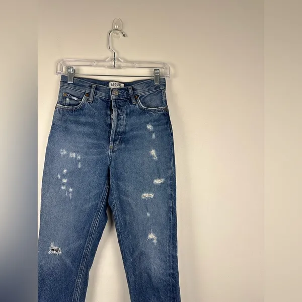 AGOLDE Riley Cropped High Rise Sttraight Leg‎ Distressed Raw Hem Jeans Sz 24 - Image 3