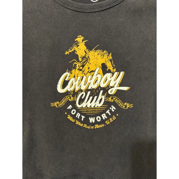 Texas Rodeo Women Top Size XL Cowboy Club Fort Worth Ribbed‎ Crop Washed Black - Image 2