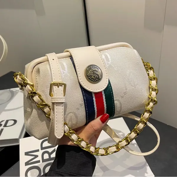 Monogram Chain Shoulder Bag Cream Gold Stripe Crossbody Clutch NIP - Image 14