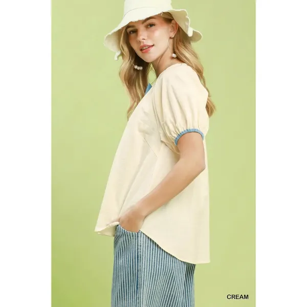 Umgee Contrast Trim Button Front Puff Sleeve‎ Blouse - Small - Image 2